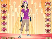 Screenshot of Farm Girl Ashleigh Dress Up game featuring a cartoon girl named Ashleigh in a farmhouse setting, ready to be dressed in various farm-themed outfits