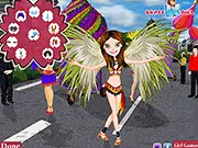 A girl in a vibrant carnival costume dancing, playing Carnival Dance online dress-up game