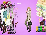 Screenshot of Emily Fashion Girl Dressup game showing Emily smiling in a stylish outfit, surrounded by various clothing and accessory icons. Play free online fashion styling game.