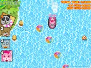 Racoon Racing free online kart battle game, showing a hovercraft using a weapon on a colorful track.