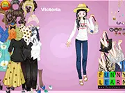 Screenshot of Victorial Girl Dressup game showing a girl in a Victorian-style gown with a detailed background. Play free online historical dressup game.