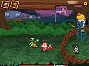 Free online shooter game Zom Buddies showing a character shooting at a crowd of funny-looking cartoon zombies.