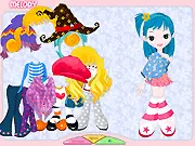 Melody Girl Dressup game art showing the little girl wearing a colorful dress next to a cute witch outfit option.