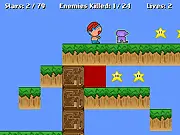 The Pixelated Purplies game screen showing the player character jumping over a purple Goomba-like monster in a pixel land collecting a star.