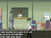 Play Zombie Society Dead Detective free online, funny point and click mystery game, Margh and Ghvnn solving a case, PlayArcadeHub