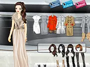Screenshot of Buttons Fashion Dressup online game, showing an elegant lady model and high-fashion dresses and accessories