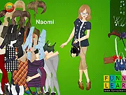 Naomi Girl Dressup game screen featuring a girl model and various fashion clothing items, dresses, and accessories to play free online