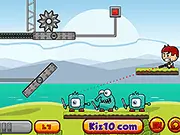 Shoot N Shout game screenshot showing a bullet trajectory bouncing off objects to hit a monster, play free puzzle shooter online