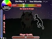 Cow Tipping free online game screenshot showing a stealthy character sneaking up to a sleeping cow in a dark field