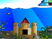 Aquarium Dynamite (Sprengischen) gameplay screen showing a fish tank with several cartoon fish swimming and a stick of dynamite being dropped from above. Play free online game.