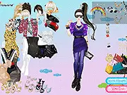 Screenshot of Into the Future Dressup game showing a girl in a stylish, futuristic outfit with a background of different time periods