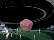 A close-up view of the mysterious, glowing cube artifact with complex wires and circuitry running across its surface, set against a dark, open field in the game Cube Wired
