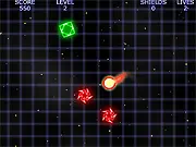 Color Strike Down game screenshot showing a central shape changing color to match different colored flying squares and triangles