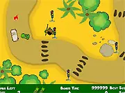 A military jeep driving rapidly through a dense, green jungle, trying to catch up to a large yellow bus in an action sequence.