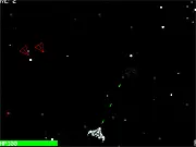 A retro-style spaceship shooting bright laser bolts at a formation of simple enemy alien spacecraft in deep space.