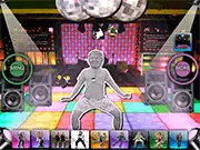 Cartoon Donald Trump character performing a funny dance move on a colorful disco floor in the free online game Trump Funny Dance