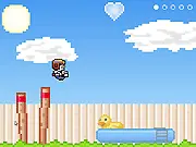 Jump Freak game screenshot showing a character mid-air aiming for an improvised target