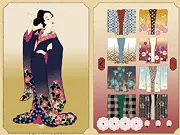 Kimono Maker free online dress up game featuring a beautiful girl in a customizable traditional Japanese kimono and kanzashi hair ornaments