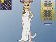 Katia Managan dress up game screen showing the Khajiit character with options for various clothes, armor, and accessories from the Prequel webcomic.