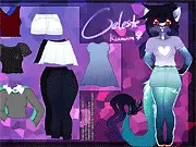 A close-up of the character Celeste in the game Celeste Dress Up, wearing a fashionable outfit and posing, surrounded by various clothing icons