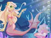 Screenshot of The Mermaid Dress Up game showing a customizable princess mermaid character with colorful hair and a selection of tails and tops.