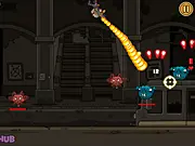 Play Pest Hunter 2 action shooting game online free. Image features the hero fighting large spiders and rats with an upgraded weapon.