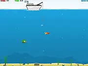 A fishing rod reeling in several colorful fish from the deep blue sea in the Ocean Fishing online arcade game.