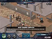 The Expendables 3: Deploy & Destroy game screenshot showing mercenary characters taking cover and turrets defending a base