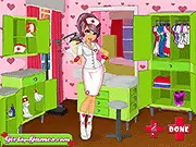 Screenshot of the Nurse Dress Up online game, showing a female character styled in a fashionable nurse uniform in a medical room setting.