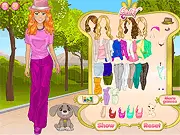 Fashion Walk game image - a stylish girl choosing a fashionable outfit for a walk with her pet in the park, play free online
