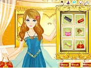 Screenshot of the Gorgeous Prom Girl dress-up game showing the character Grace in a dazzling evening gown and a stylish final pose at a formal party. Play free online dress-up game.