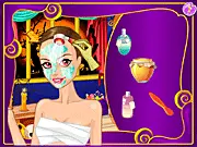 Halloween Real Makeover free online game screenshot. A girl with dramatic makeup and a Halloween costume, preparing for a party.