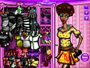 African Fashion Dressup online game, model Naomi wearing a vibrant African print dress, styling for Fashion Week, free game screenshot