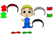 Screenshot of the Dress The Kid online game showing a cute character wearing a fun, colorful outfit with a variety of clothing items available on the side menu. Play free online dress-up game.