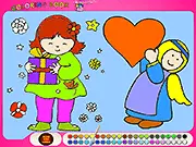 Screenshot of the Angel Gifts Coloring Book game showing a drawing of a smiling angel holding a gift, partially filled in with bright colors. Play free online coloring game.
