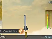 Screenshot of Rocket 2 game showing a high-tech rocket launching into the atmosphere with upgrade menus visible - PlayArcadeHub