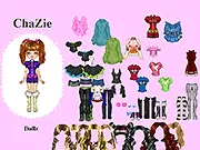 Chazie Dollz Dressup Online game screen showing a doll figure and various drag-and-drop clothing and hairstyle options