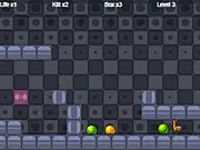 Llama Rescue platformer gameplay screenshot showing the main character jumping over a hazard to catch a small, missing llama on a block platform.