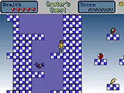 The character Cruter, a small boy, jumping over a deadly ravine while avoiding a flying bat in a dark, spike-filled cave level.