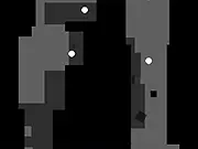 A simple black square block moving rapidly through a dark cave or void, narrowly avoiding jagged white obstacles on the top and bottom.