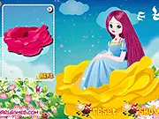 A small, beautiful Flower Fairy sitting on a large blossom, wearing a floral gown in the Nice Flower Fairy Dress Up game.