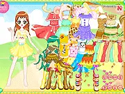 A girl character dressed in a vibrant, full-body animal costume, possibly a bunny or giraffe, adorned with animal-themed accessories, showcased within the Animal Costumes Dress Up game.