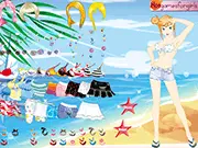A girl dressed in fashionable resort wear, standing by the blue sea and soft sand beach for her Maldives Vacation Dressup game.
