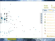 Monstrous TD gameplay screenshot showing various simple towers shooting at a line of monstrous enemies trying to move across a green field. Play free online game.
