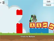 Screenshot of Cars vs Robots game showing a red car launching off a ramp towards a group of stationary robots, a free online physics puzzle game