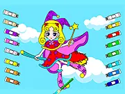 Coloring a witch in a pointed hat with bright colors, playing Witch Painting & Coloring free game