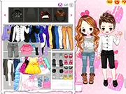 A happy, best dressed couple smiling and posing, wearing matching coordinated fashion outfits in the Best Dressed Couple free online game.