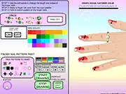 Custom Fingernails online game screenshot, close-up of hands with colorful, decorated fingernails and nail polish bottles