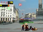 Rocker Defence game screen showing a Russian rocker fighting rivals on a concert stage, rock tower defense game
