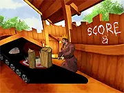 Choppin' Axe Master arcade game screenshot showing a character with an axe next to a tall tree with branches, ready to chop wood. PlayArcadeHub reflex game.